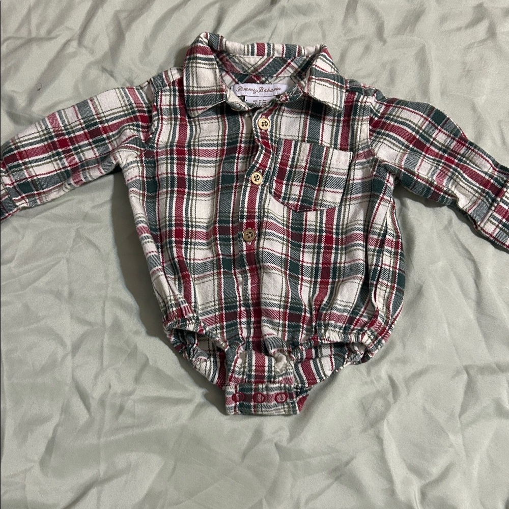 Tommy Bahama Red and Green Plaid Baby Long sleeve onesie with Bow Tie